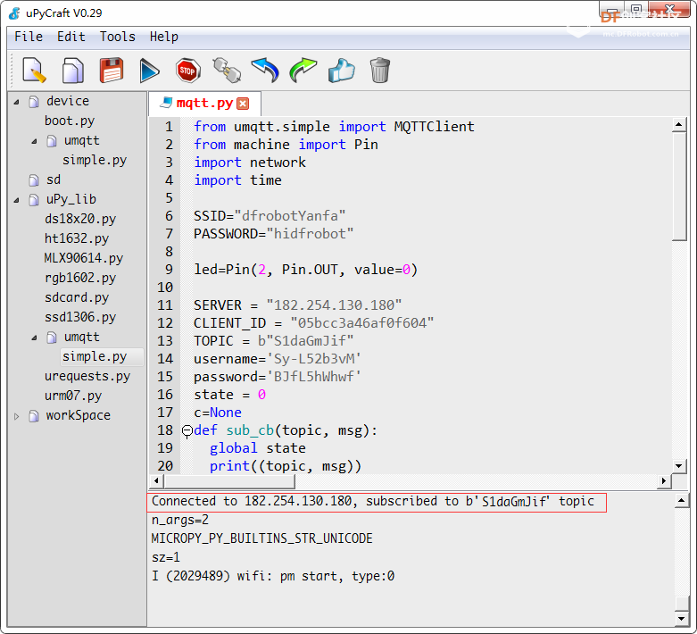 uPyCraft中的Examples Communicate  mqtt.py 4.3.1图4