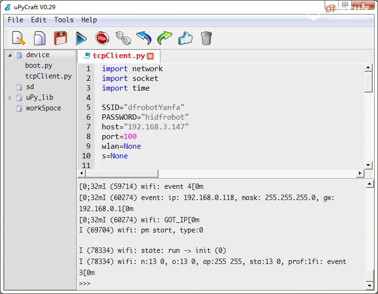 uPyCraft中的Examples Communicate tcpServer.py&tcpClient.py 4.3.2图5