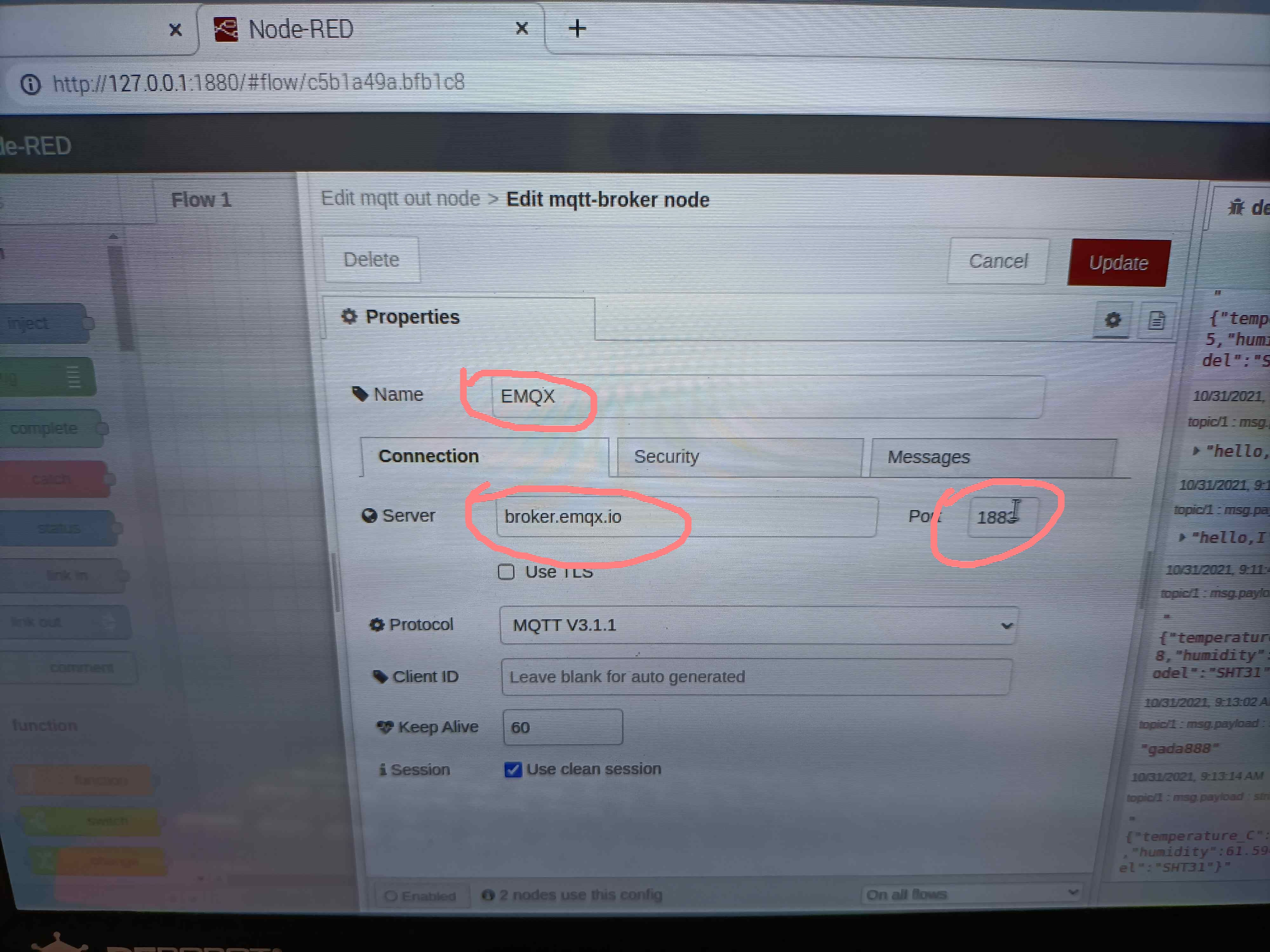 NodeRED下温度模块sht31和MQTT的双向信息发送图13