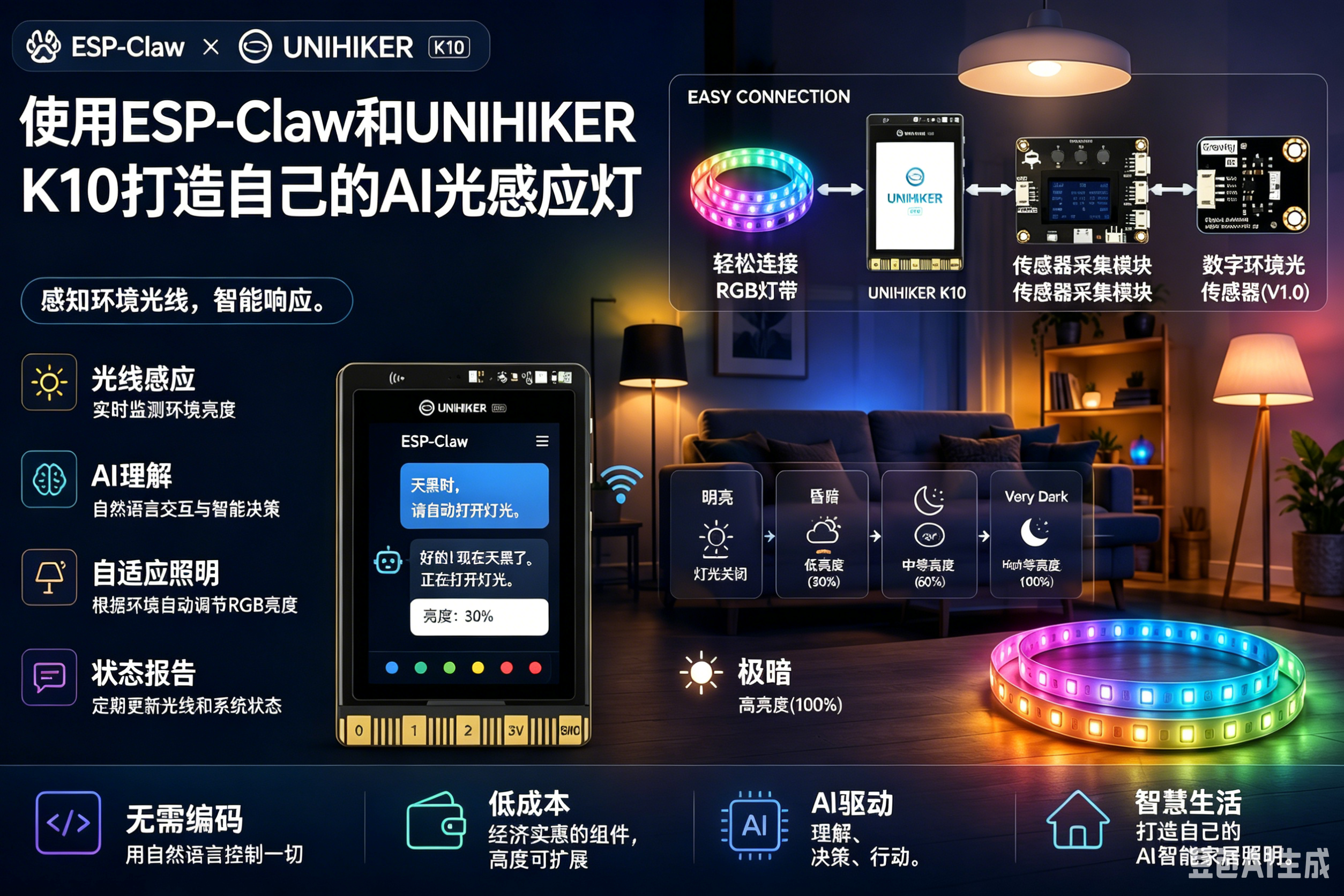 【ESP-Claw+行空板K10】零代码低成本打造自适应AI照明灯图1