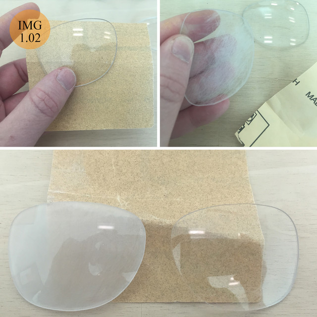 用细砂纸打磨镜片的背面（戴眼镜时最靠近脸的一面），以打圈的方式移动砂纸，直到镜片变成上面这个样子